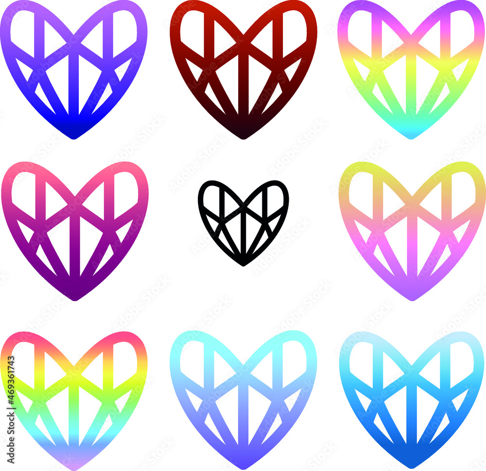 set of vector coloured geometric hearts in different colours