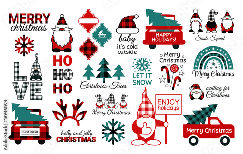 Christmas SVG bundle. Happy New Year. Buffalo plaid snowflakes. Christmas gnomes. Santa Claus squad. Arabesque tile ornament. Red truck with Christmas trees. Boho rainbow. Reindeer antlers.