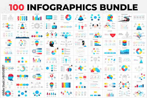 Huge Infographics Bundle. 100 presentation slide templates - timelines, puzzle, education, arrows, doodle, illustrations and charts. Bestsellers collection