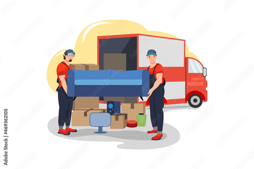 Movers picking up a sofa Illustration concept. Flat illustration isolated on white background. Movers picking up a sofa Illustration concept. Flat illustration isolated on white background.