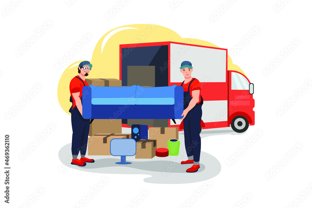 Movers picking up a sofa Illustration concept. Flat illustration isolated on white background. Movers picking up a sofa Illustration concept. Flat illustration isolated on white background.