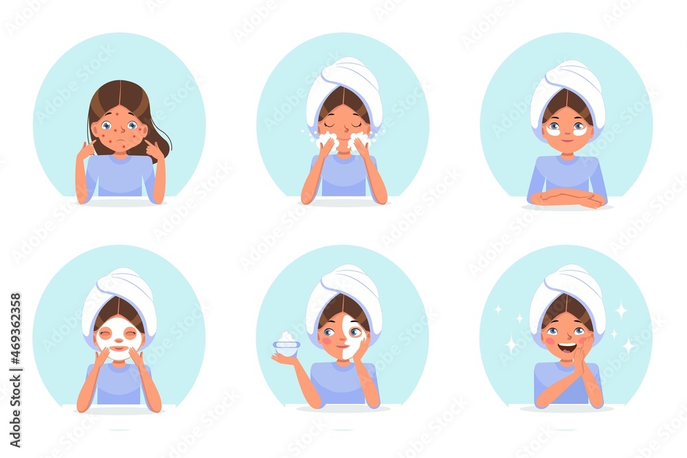 Young woman using cosmetic skin cleaning. Skin care and dermatology. Set of 6. Teenager skin. Flat cartoon vector illustration. Health and skincare procedure illustration. Young woman using cosmetic skin cleaning. Skin care and dermatology. Set of 6. Teenager skin. Flat cartoon vector illustration. Health and skincare procedure illustration.