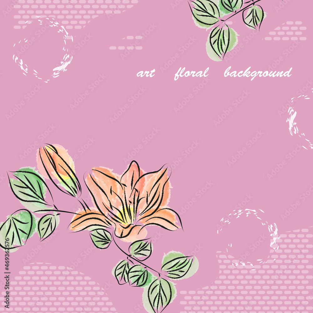 Abstract floral background with orange lily and fresh green branches on pink. Vector illustration with watercolor effect. Minimalistic luxury design for poster, banner,  congratulations.