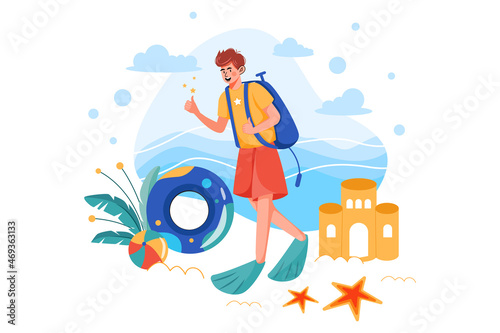 Man getting ready for Scuba diving Illustration concept. Flat illustration isolated on white background.