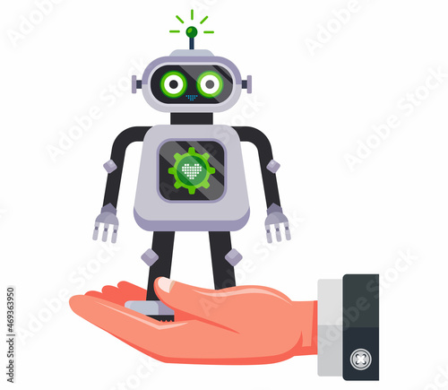 man holds in his palm a child's toy robot on a white background. flat vector character illustration