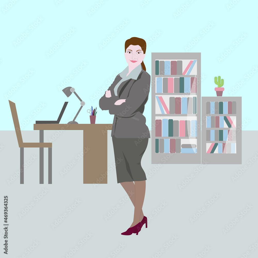 Illustration of a business lady in the office against the background of business elements Illustration of a business lady in the office against the background of business elements