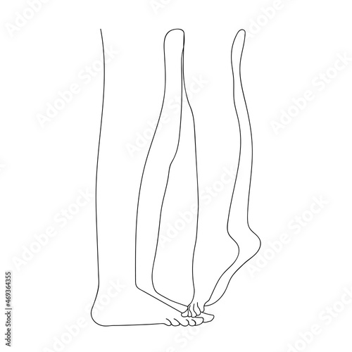 A pair of legs. A woman stands with her feet on a man's feet. A pair of lovers. Love, valentine's day, family. Line art, one line illustration. Vector.