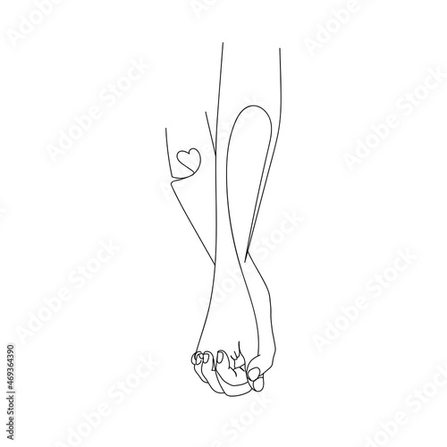 A pair of hands. People hold hands. A pair of lovers. Love, valentine's day, family. Line art, one line illustration. Vector.