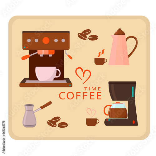 Coffee maker equipment tool set, coffee machine, cup, glass, pot, ibrik, moka pot, coffee design flat style, cafe, coffee shop.
