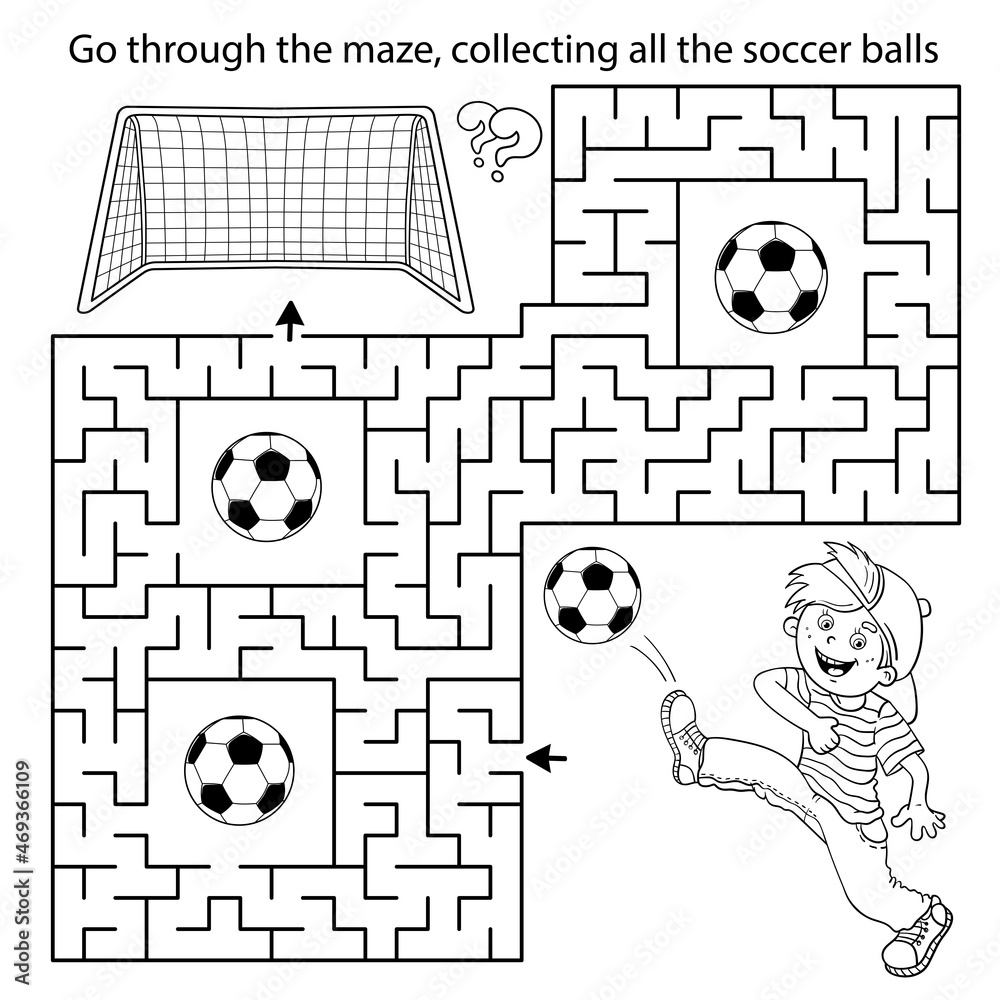 Maze or Labyrinth Game. Puzzle. Coloring Page Outline Of cartoon boy with  soccer ball. Football. Sport activity. Coloring book for kids. Stock Vector  | Adobe Stock