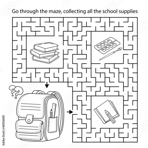 Maze or Labyrinth Game. Puzzle. Coloring Page Outline Of cartoon children satchel or knapsack with books or textbooks. School supplies. Coloring book for kids.