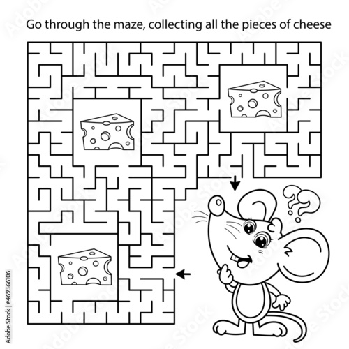 Maze or Labyrinth Game. Puzzle. Coloring Page Outline Of cartoon fun mouse with cheese. Coloring book for kids.