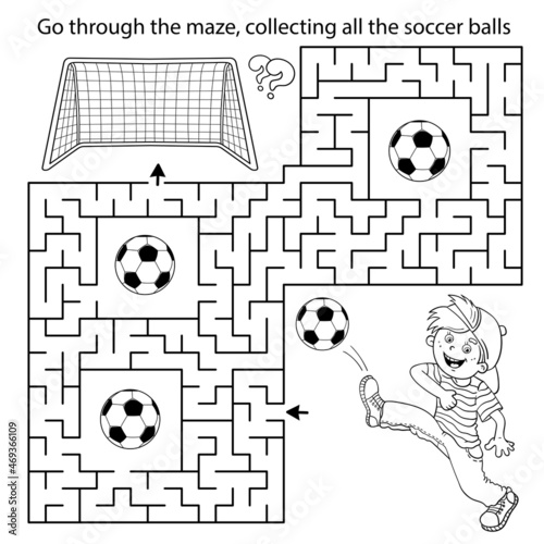 Maze or Labyrinth Game. Puzzle. Coloring Page Outline Of cartoon boy with soccer ball. Football. Sport activity. Coloring book for kids.