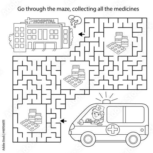 Maze or Labyrinth Game. Puzzle. Coloring Page Outline Of cartoon doctor with ambulance car near the hospital. Coloring book for kids. photo