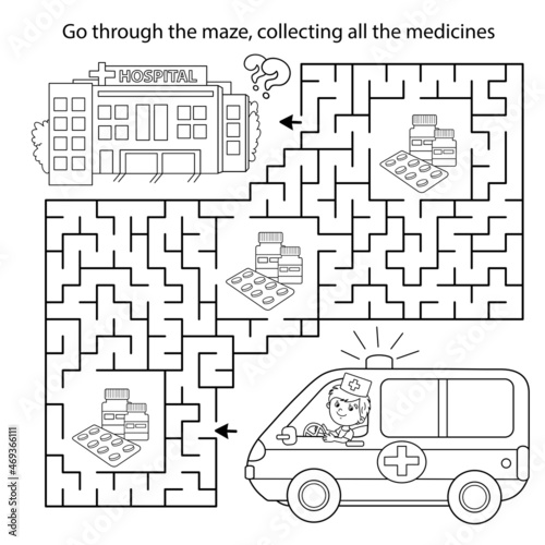 Maze or Labyrinth Game. Puzzle. Coloring Page Outline Of cartoon doctor with ambulance car near the hospital. Coloring book for kids.