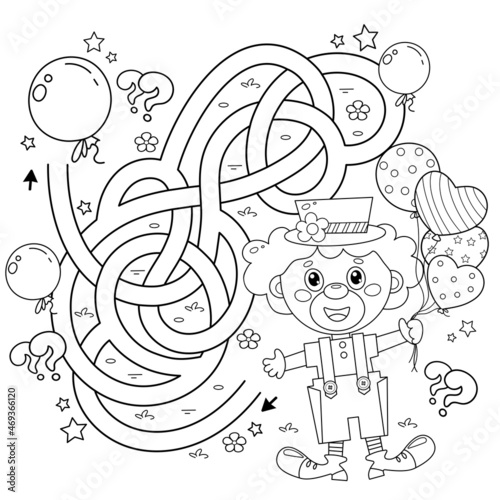 Maze or Labyrinth Game. Puzzle. Tangled road. Coloring Page Outline Of cartoon circus clown with colorful balloons. Coloring book for kids.