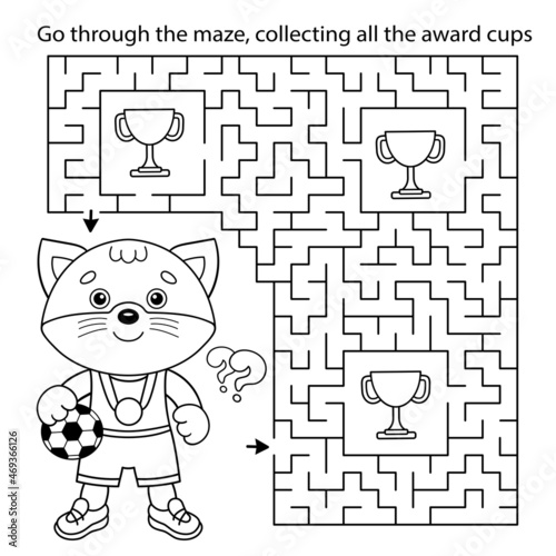Maze or Labyrinth Game. Puzzle. Coloring Page Outline Of cartoon cat with soccer ball. Football. Sport activity. Coloring book for kids.
