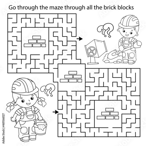 Maze or Labyrinth Game. Puzzle. Coloring Page Outline Of cartoon builders with cement mortar and trowel. Construction. Profession. Coloring book for kids.