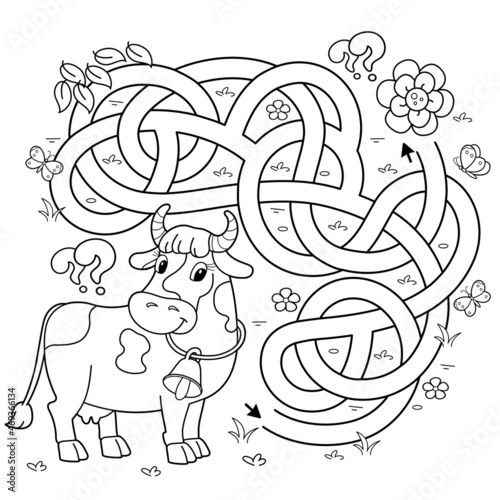 Maze or Labyrinth Game. Puzzle. Tangled road. Coloring Page Outline Of cartoon cow with bell. Collect flowers . Coloring book for kids.