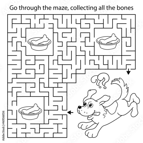 Maze or Labyrinth Game. Puzzle. Coloring Page Outline Of cartoon little dog with bone. Puppy. Coloring book for kids.
