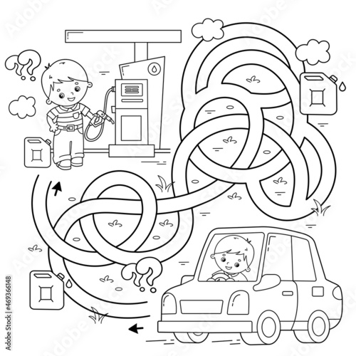 Maze or Labyrinth Game. Puzzle. Tangled road. Coloring Page Outline Of cartoon car with driver on petrol station. Transport or vehicle. Coloring book for kids.