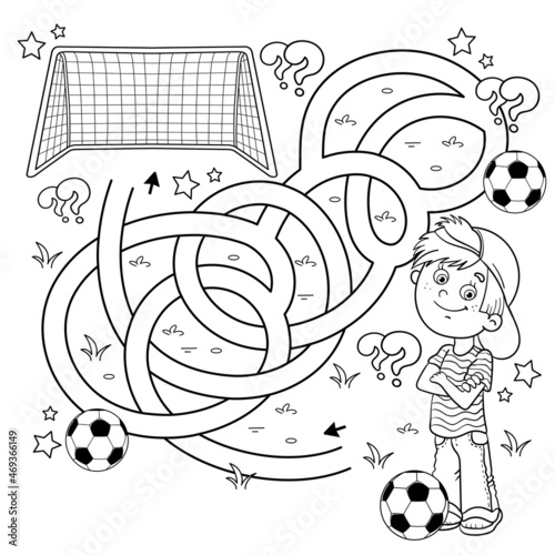 Maze or Labyrinth Game. Puzzle. Tangled road. Coloring Page Outline Of cartoon boy with soccer ball. Football. Sport activity. Coloring book for kids.