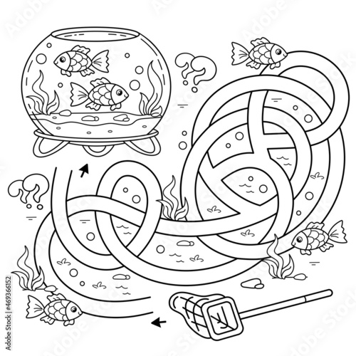 Maze or Labyrinth Game. Puzzle. Tangled road. Coloring Page Outline Of cartoon round glass aquarium with color fish. Coloring book for kids.