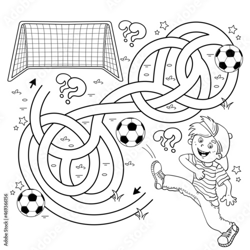 Maze or Labyrinth Game. Puzzle. Tangled road. Coloring Page Outline Of cartoon boy with soccer ball. Football. Sport activity. Coloring book for kids.