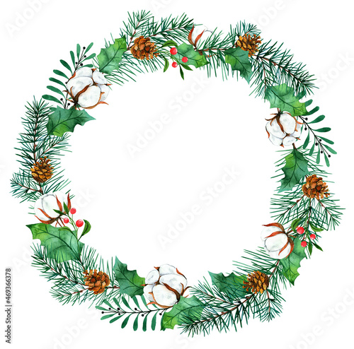 Single Watercolor Wreath Clipart, Christmas Wreath Clipart, Winter Wreath, Holly Leaves, Pine Branches, Pine Cones, Cotton, Winter Berries