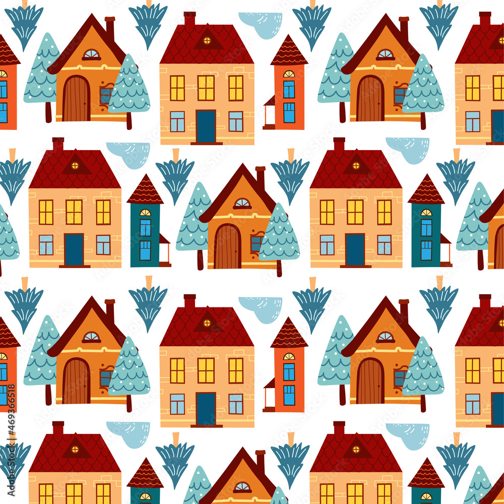 Pattern with cute houses and trees. Winter pattern with cartoon houses and trees for wrap paper