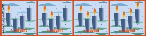 Set of four banners for every Sunday of Advent. Lighted candles, snow, clouds, branches of Christmas tree. Vector illustration in flat style. Christmas countdown, for social networks, banners, card.