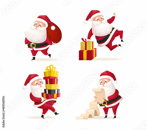 Santa Clauses set for Christmas and New Year. Vector cartoon characters isolated on white background. Santa Clause with letter, sack and gifts. © Holovei