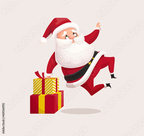 Santa Claus jumping. Christmas character with gifts. Vector illustration in cartoon style. © Holovei