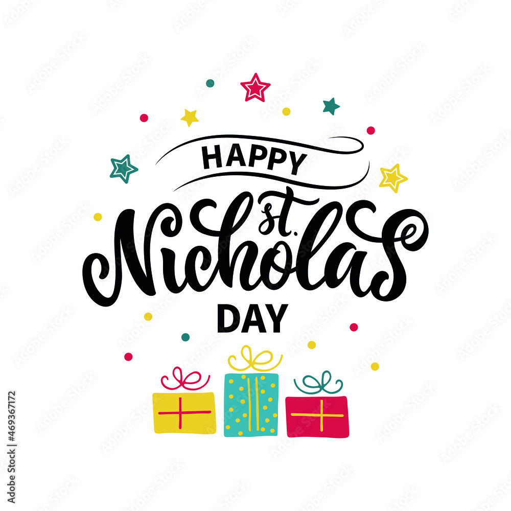 Naklejka premium Happy Saint Nicholas Day handwritten text isolated on white background. Modern brush calligraphy, hand lettering for winter holiday on December 6. Vector illustration for print, poster, greeting card