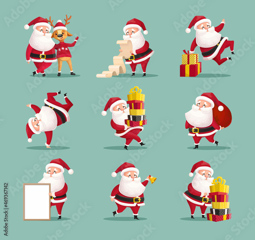 Santa Clauses set for Christmas and New Year. Vector cartoon characters isolated on blue background. Santa Clause with letter, sack, deer, poster and gifts.
