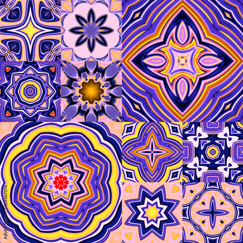 Antique talavera tiles patchwork. Fashionable design. Bright purple seamless pattern texture. Mexican, Spanish majolica ornamental decor for bags, smartphone cases, T-shirts, linens or scrapbooking.