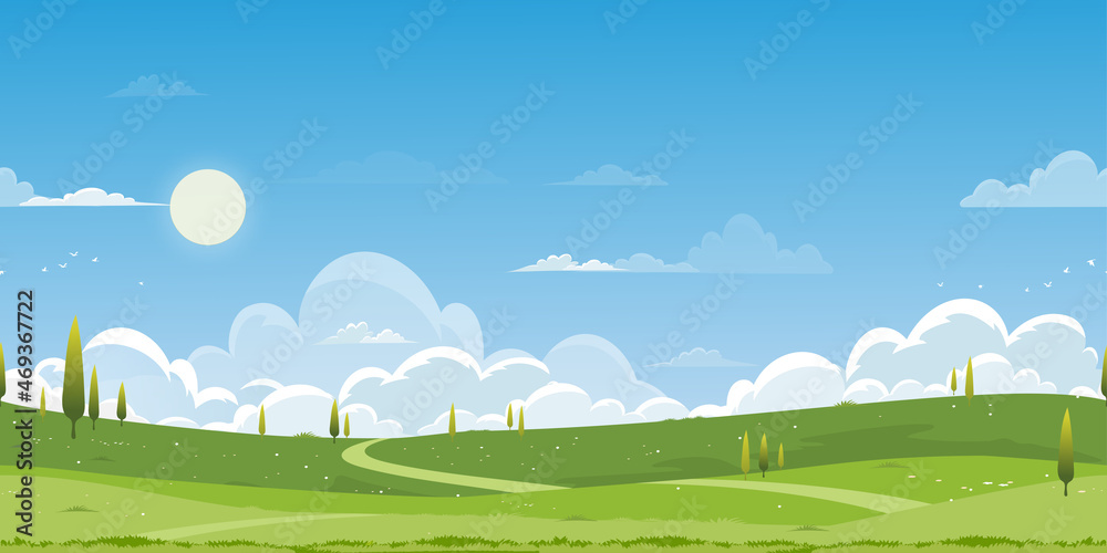 Seamless pattern Spring green fields landscape with mountain,blue sky and cloud background,Endless banner vector cartoon Panorama rural nature in Summertime with grass land