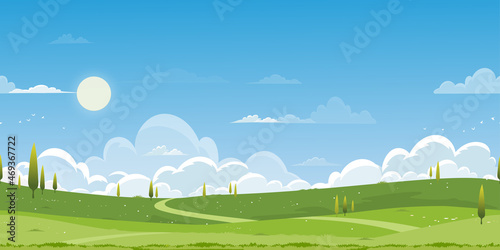 Seamless pattern Spring green fields landscape with mountain,blue sky and cloud background,Endless banner vector cartoon Panorama rural nature in Summertime with grass land