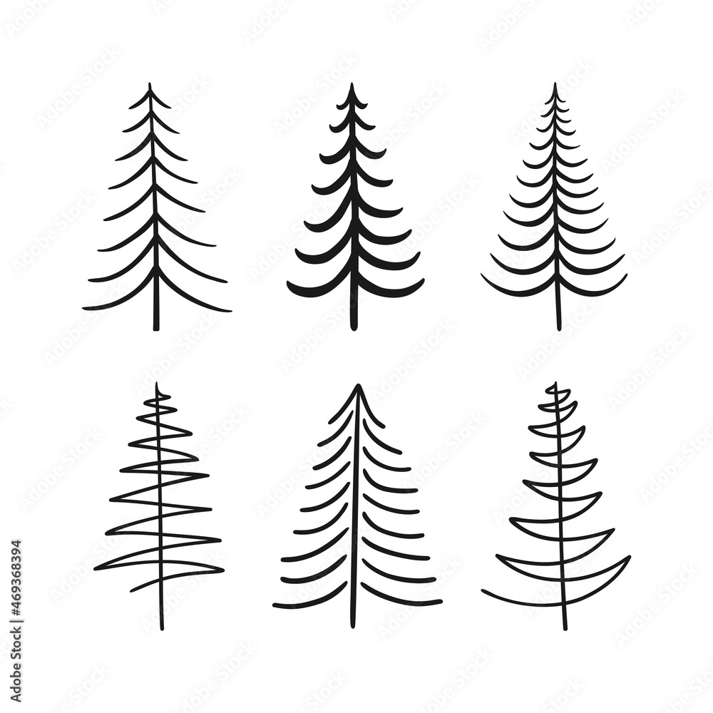 Set of 6 abstract Christmas trees. Black vector illustration in hand drawn style is isolated on white background. Set of 6 abstract Christmas trees. Black vector illustration in hand drawn style is isolated on white background.