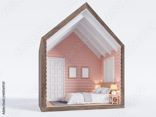 Section of small house with pink bedroom 3d render decorate with white bed
