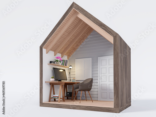 Section of small house with gray working room 3d render decorate with wooden table and fabric chair