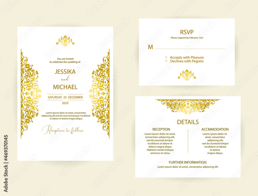 Gold  ornamental Wedding Invitation,  rsvp card Design template set. Floral gold decor in oriental style.