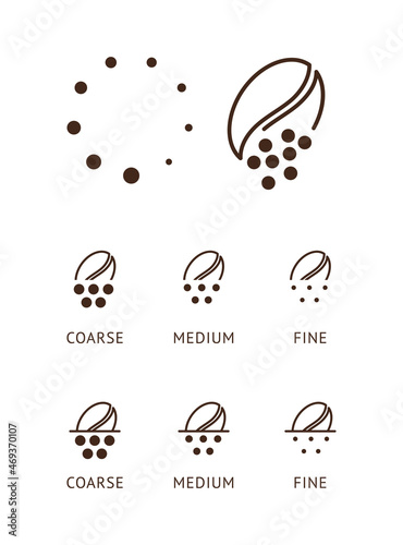 a set of coffee icons of different grinding coarse medium and fine