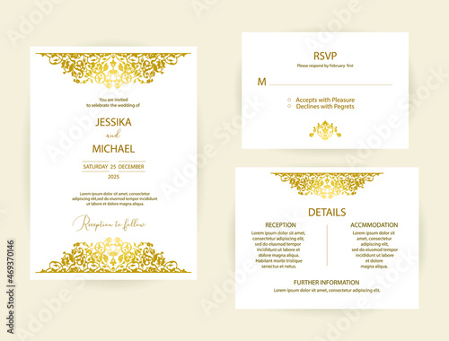 Gold  ornamental Wedding Invitation,  rsvp card Design template set. Floral gold decor in oriental style.