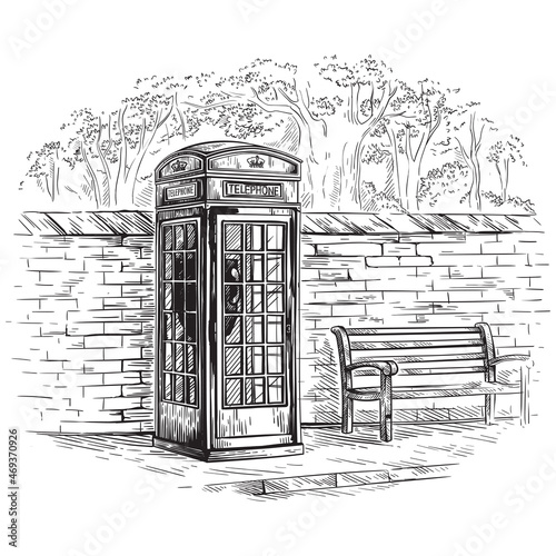 london telephone booth at a brick wall with a bench sketch