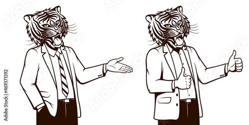 Man with tiger head shows thumbs up. Tiger in jacket explains, shows something. Vector illustration.
