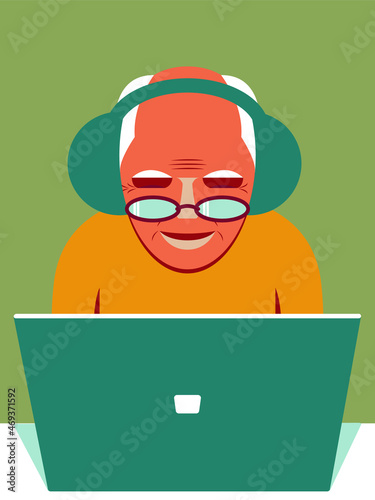 Vector graphics - an elderly man with gray hair, wearing glasses and headphones is sitting and looking at a laptop screen. Concept - active old age and pensioners