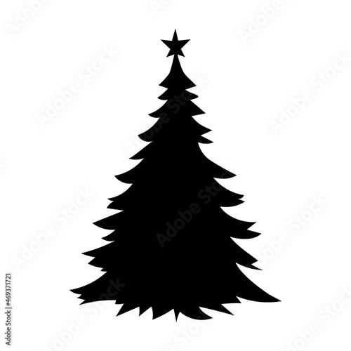 Christmas tree, black silhouette isolated on white background, symbol of winter holiday. Vector