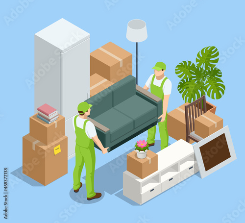 Isometric Furniture delivery, moving house service concept. Carton boxes with stuff. Relocation.