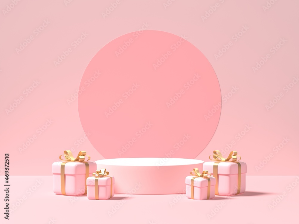 Pink podium and gift boxes on pink background. 3d rendering - obrazy, fototapety, plakaty 